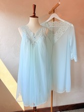 Vintage Vanity Fair Blue Peignoir Set Sheer Nylon Nightgown Robe Lace XS