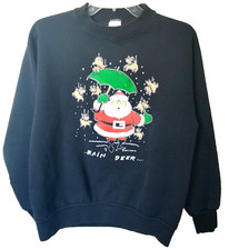Vintage Christmas Sweatshirt Sz Large Funny Santa Rain Deer.. Puffy Print Black