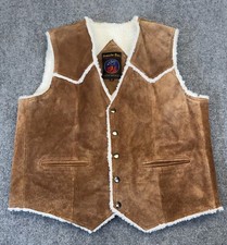 Vintage Grande Bay Suede Leather Vest Mens M Brown Sherpa Lining Cowboy Workwear