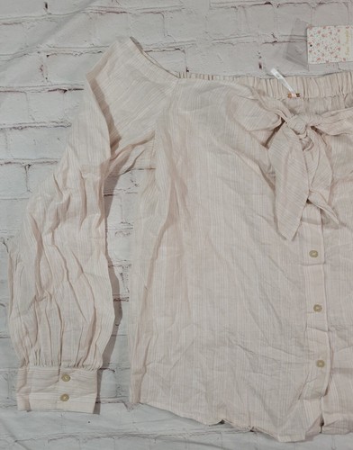 Free People Off-Shoulder Top Sz Large Hello There Beautiful Pale Pink Stripe Tie - Picture 10 of 16