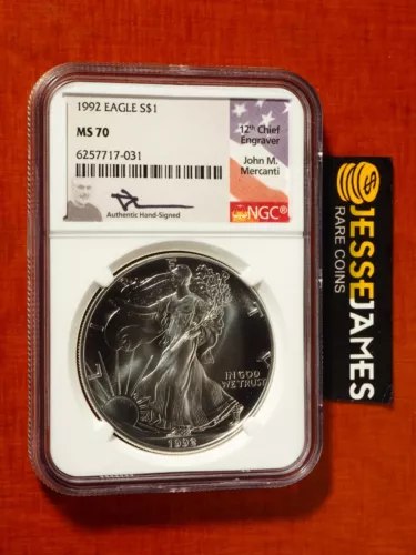 1992 AMERICAN SILVER EAGLE NGC MS70 JOHN MERCANTI SIGNED BEAUTIFUL COIN LOW POP!