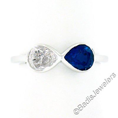 NEU Platin GIA Lünette Set KEINE HITZE Saphir & Diamant Dual Birnenschliff 2 Steine Ring