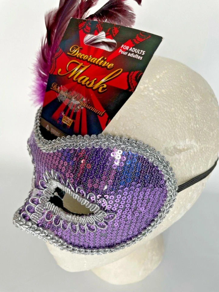 Mardi Gras Masquerade Mask Purple Sequins Feathers Gemstone Decorative - Image 3 of 4
