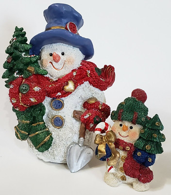 Snowman Figurines Lot of 2 Button Decorated Collector Pieces Glittered