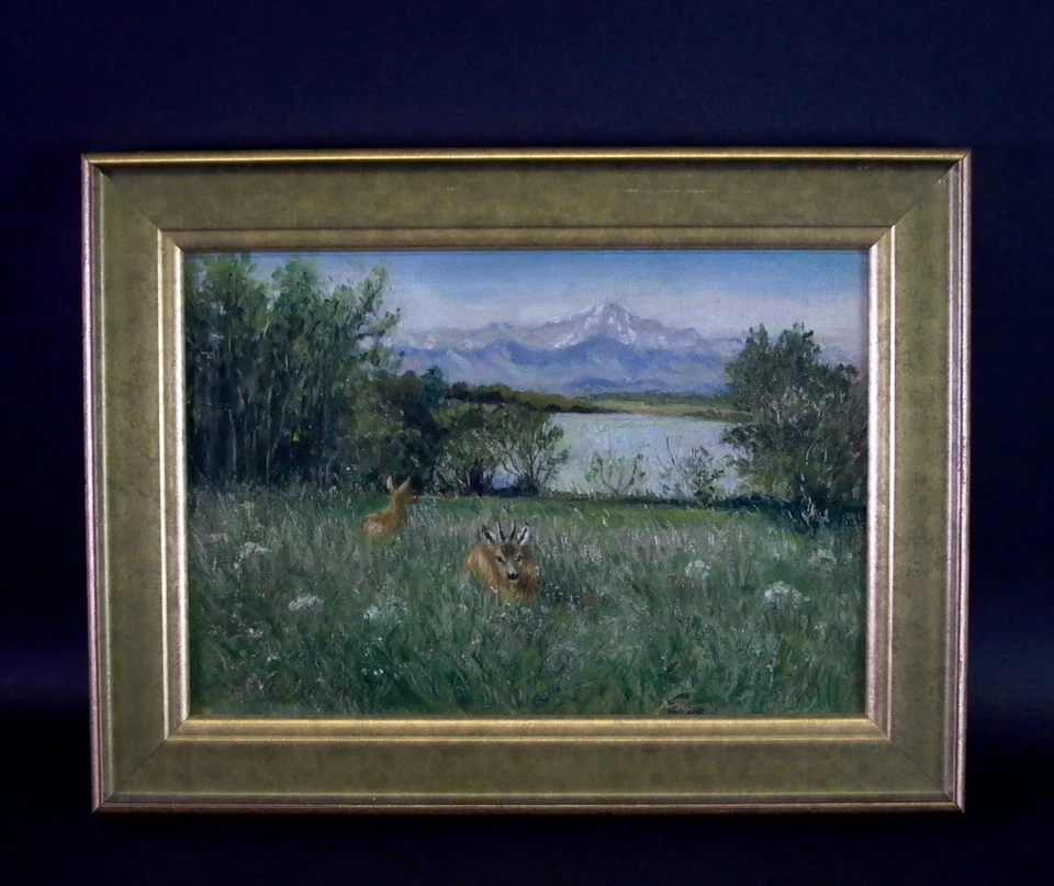 Ölgemälde um 1920 - Rehe auf der Wiese -  signiert Ostenrieder - Bild 1 von 1