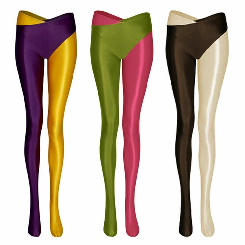 Women Shiny Glossy Seperated 2 Legs Pantyhose Open Crotch Sports Yoga Stockings - Picture 4 of 27