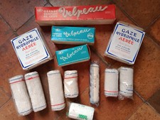 Lot vintage boites + Bandes VELPEAU + GAZ hydrophile + BANDES crêpe URGO