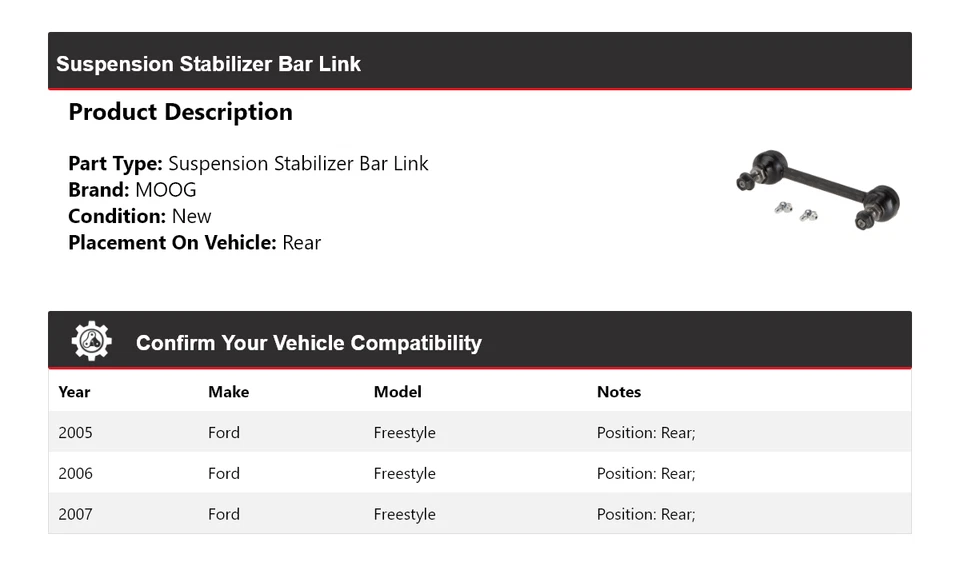 Barra estabilizadora de suspensión trasera MOOG 2005-2007 Ford Freestyle 2005 2006 Foto 2 de 4