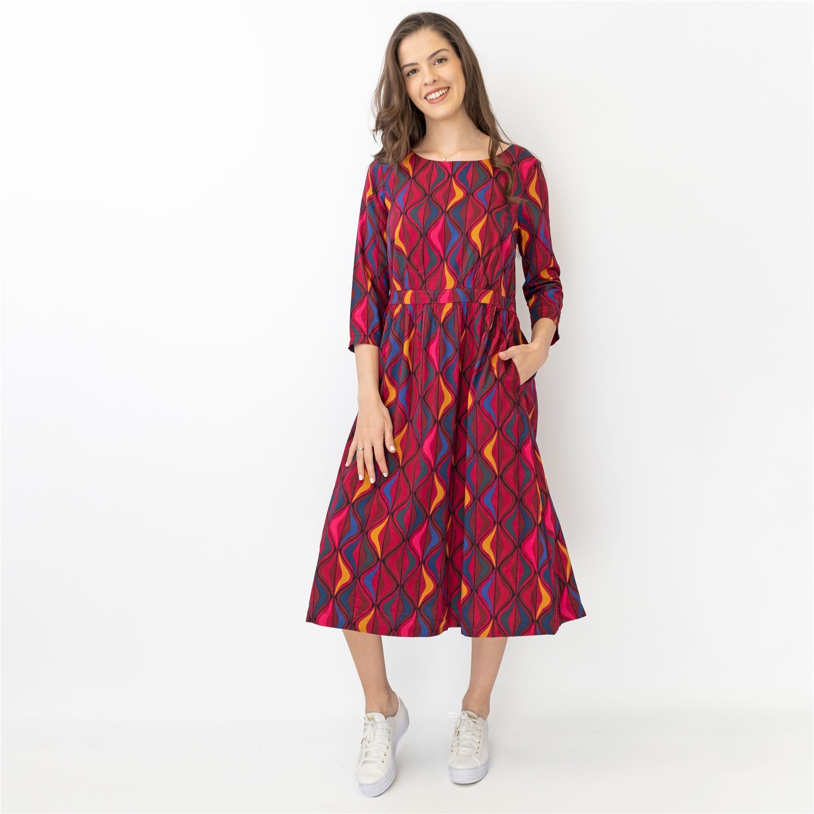 Seasalt Womens Dress Midi Forestry Festive Ribbons Red Ship ¾ Sleeves
