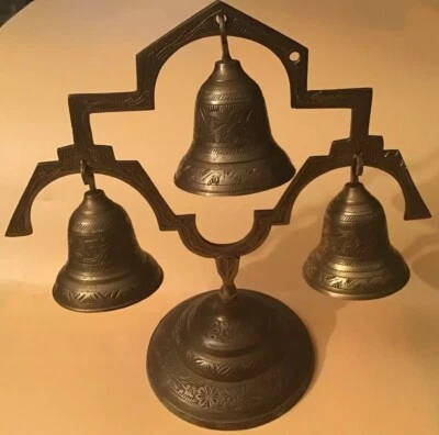 Vintage Indian Brass, 3 Brass Bells On Brass Stand (Vishnu?) 20cm H, 21cm L - Image 1 of 4