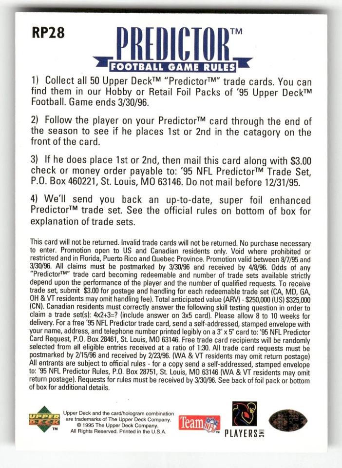 Irving Fryar 1995 Upper Deck Predictors League Leaders #RP 28 - Image 2 of 2