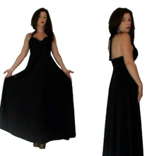 SALE!! XS S Vtg 70s Deep V Halter Backless Full Sweep Hippie Hostess Maxi Dress