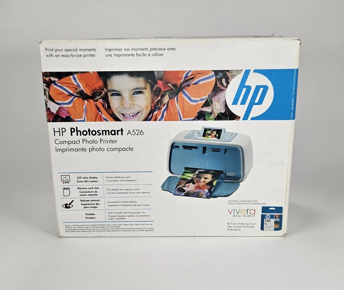 HP Photosmart A526 Compact Photo Printer Portable Blue New..OPEN