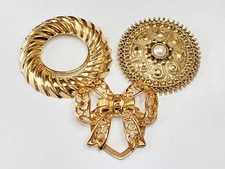 Vintage Scarf Clip Dress Clip Gold Tone Faux Pearl Bow Lot of 3