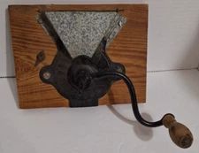 Vintage Wall Coffee Hand Grinder Tin Hopper Cast Iron Body Wood Mount