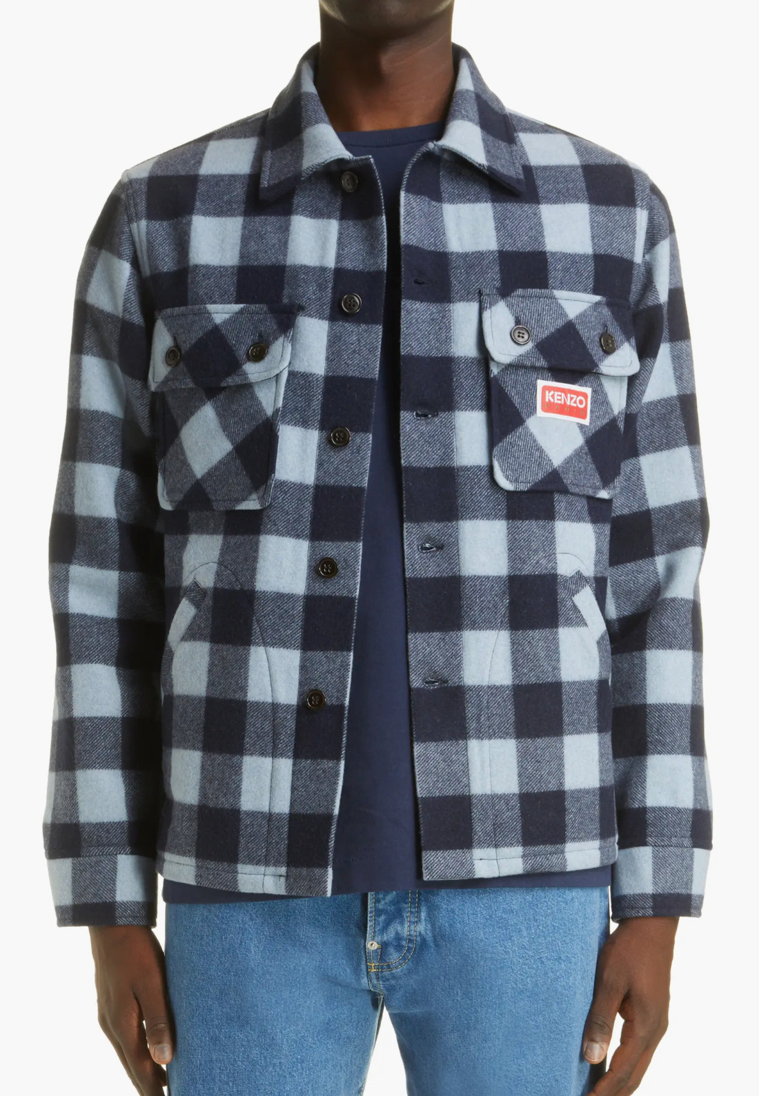 KENZO Men's Blue Plaid Wool Blend Overshirt L136209 Size Small