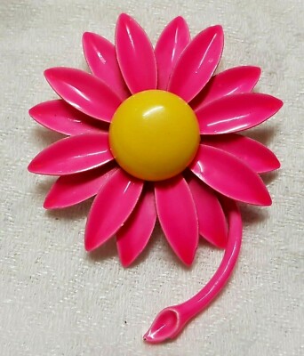 Broche Vintage Fleur Marguerite - Métal Émaillé Rose Fluo Et Jaune, Bijou Fantaisie Rétro