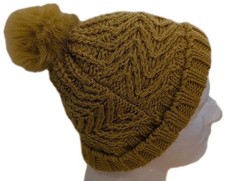 Chunky Cable Knit Beanie Mustard Yellow Hat Bobble Pom Pom Winter Ski Snow Warm