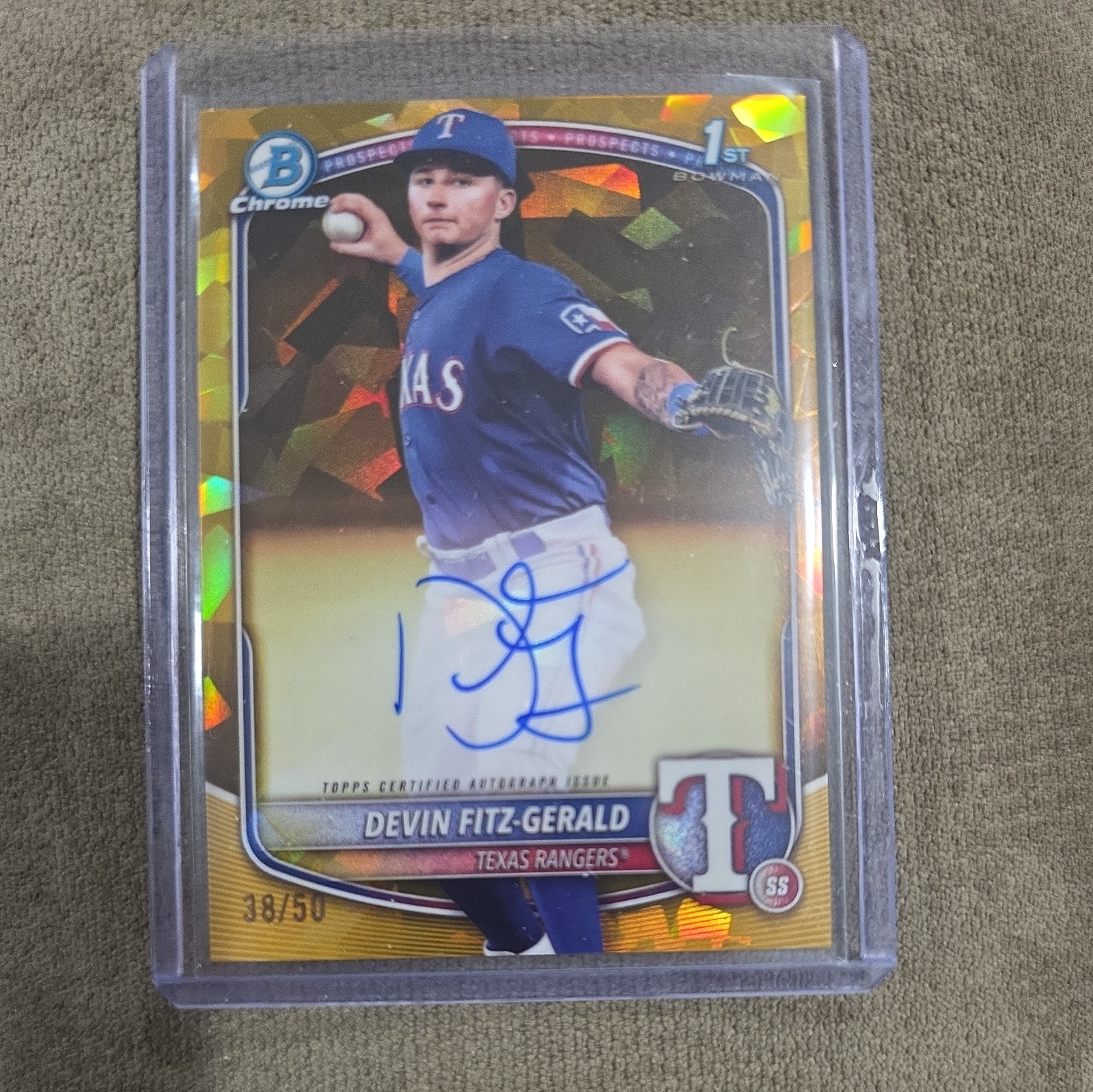 2025 Bowman Chrome Sapphire DEVIN FITZ-GERALD 1st GOLD AUTO 38/50 Texas Rangers