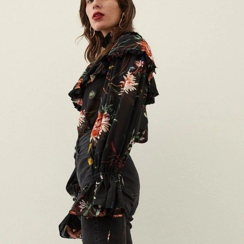 H&M 荷叶边花卉印花雪纺衬衫黑色气球袖女式小号 — 第 4/4 张图片