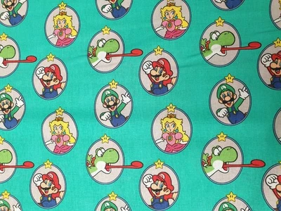 Super Mario fabric UK 100% cotton material character circles Luigi Yoshi Peach