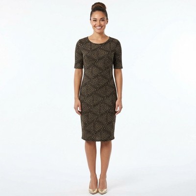 LuLaRoe Julia Dress Medium Black Gold Metallic Geometric Triangle Midi NWT
