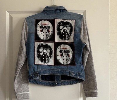 Denim Jacket Blue Gray Knit Sleeves