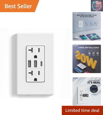 USB Outlets Receptacles, 3-Port USB C Wall Outlet, 30W 6.0A USB Electrical Ou...