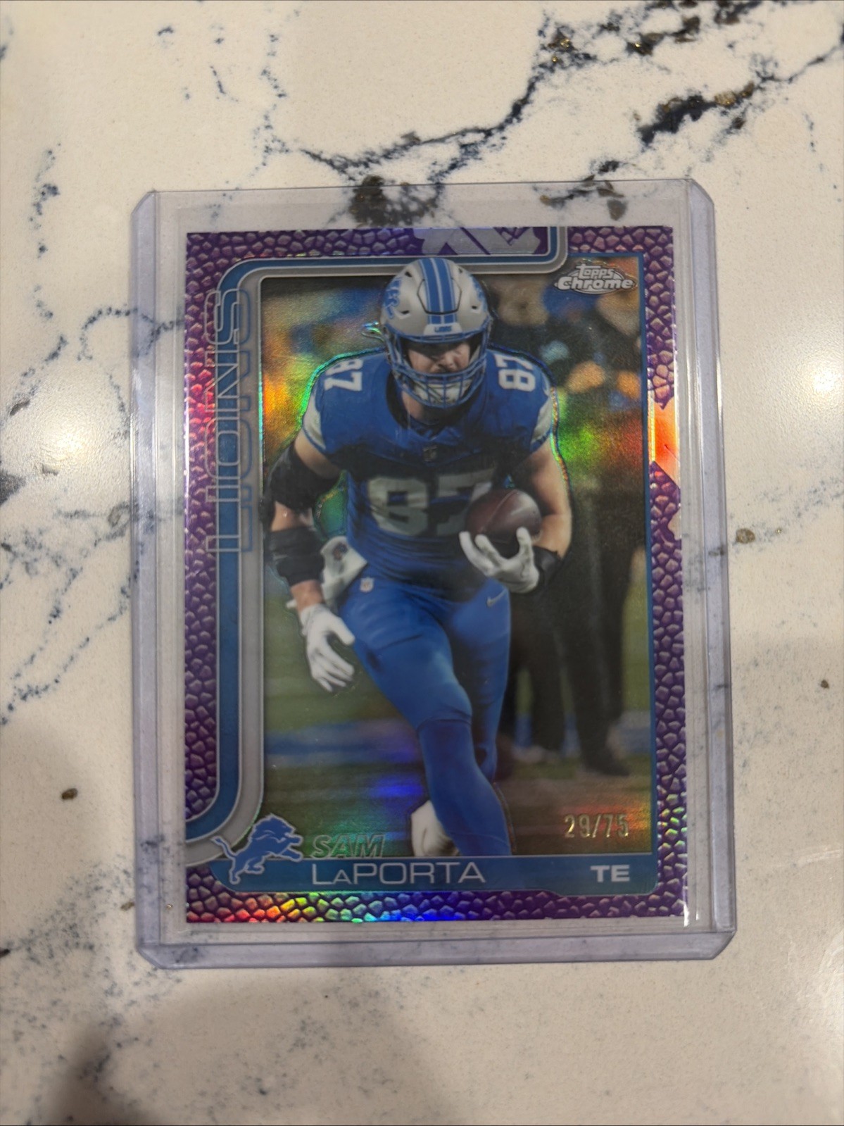 2025 Topps Chrome Sam Laporta Football Leather Purple /75 #100 Detroit Lions
