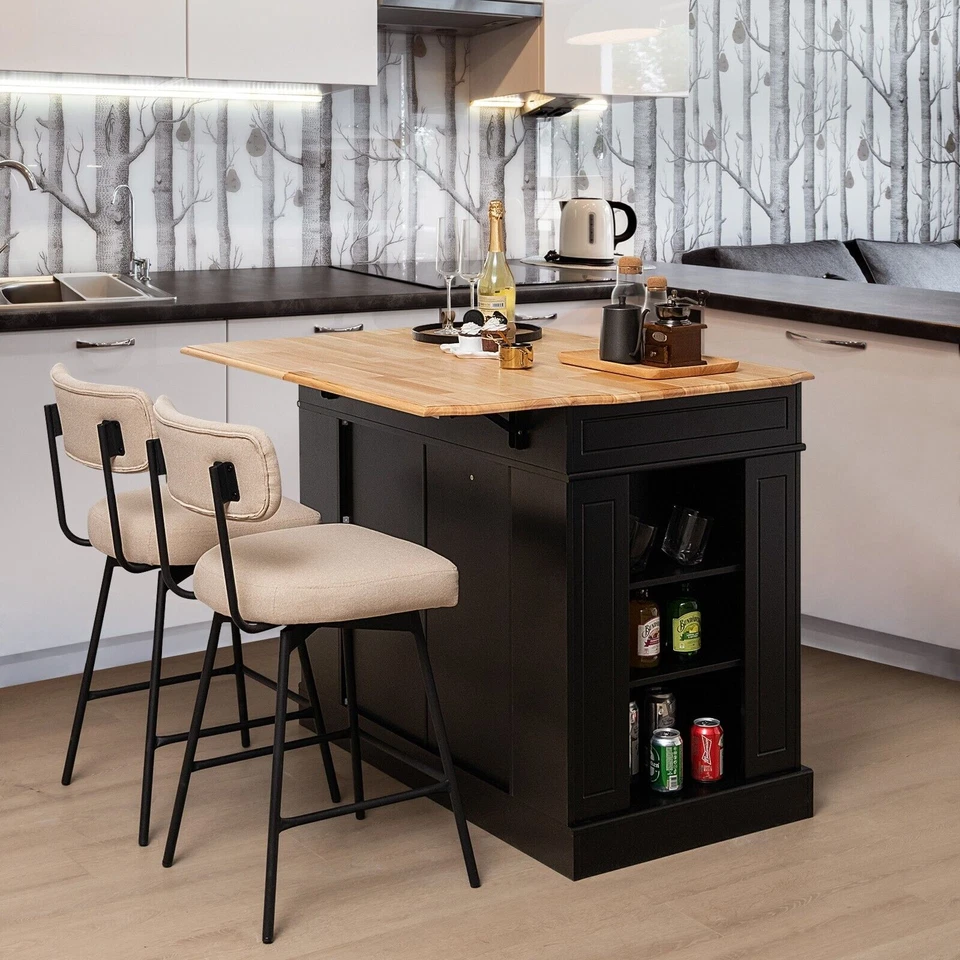 GAINOOM Kitchen Island with Drop Leaf & Rubberwood Countertop Black - Image 3 of 4