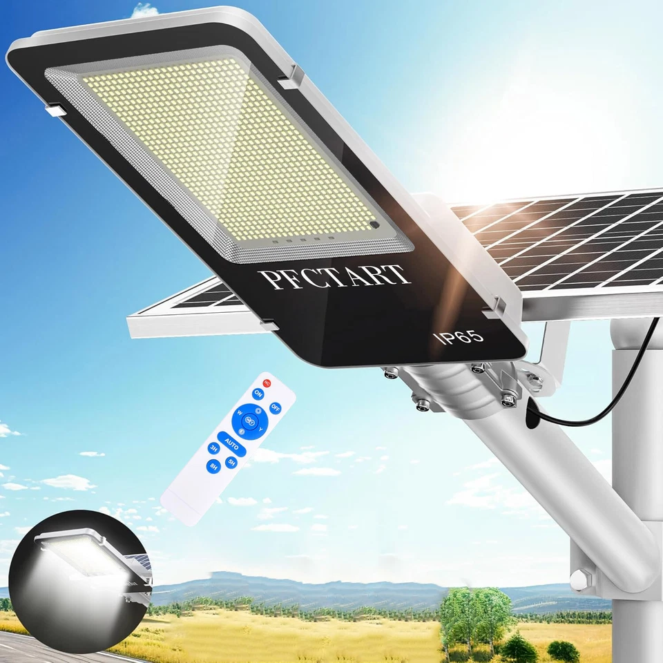 PFCTART 9000W Commercial Solar Street Light Dusk To Dawn Road Lamp +Remote Control+Pole