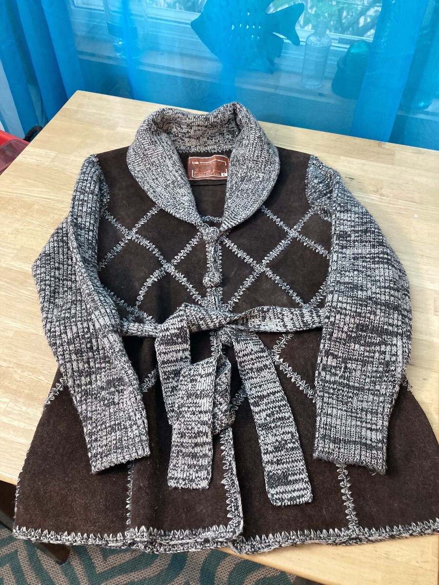70s Kmart Suede 'n Knit 蝶柄 Vintage Kmart Suede N' Knit, Genuine Leather Acrylic Knit Jacket