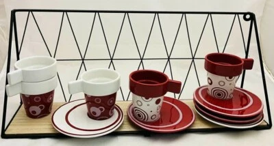 Home service à café 5 tasses et soucoupes céramique bordeaux/blanc cercles - Photo 1/3