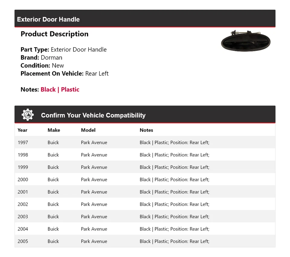 For 1997-2005 Buick Park Avenue Dorman Exterior Door Handle Rear Left 1998 1999 - Image 2 of 4