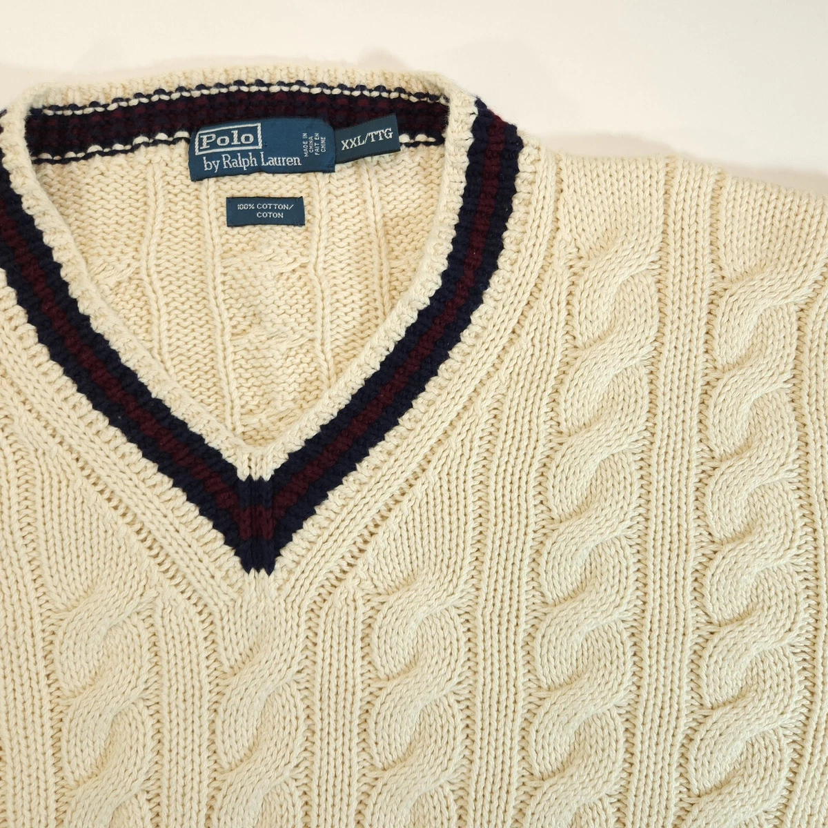 Vintage Polo Ralph Lauren V Neck Cable Knit Thick Sweater Tennis White Sz XXL