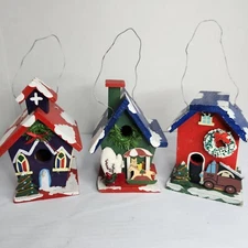 Vintage Christmas Decor Bird Houses Lot Of 3 Church, Fire Department, House