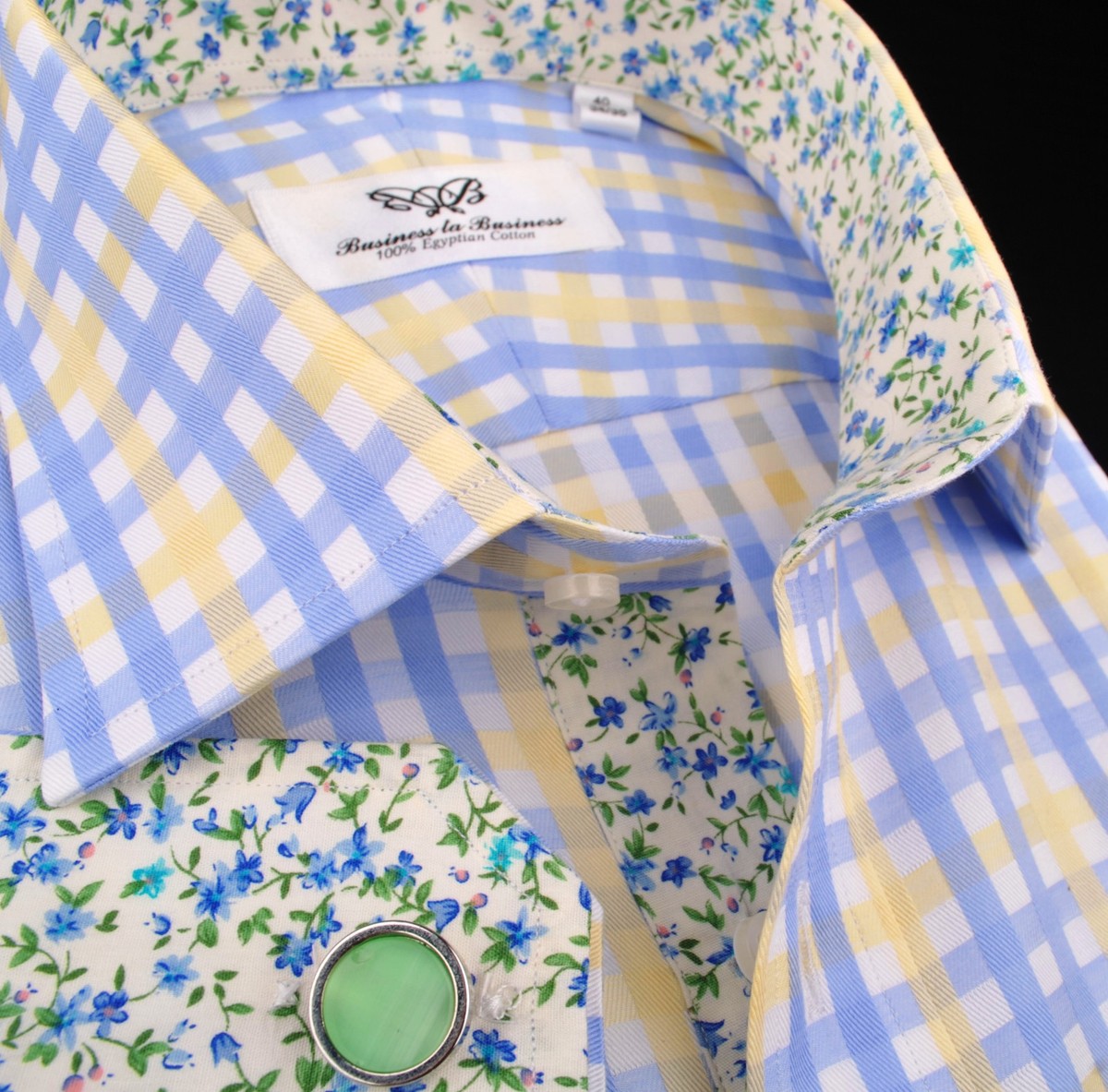 Yellow Blue Luxury Twill Egyptian Cotton Formal Business Dress Shirt Flowers Top