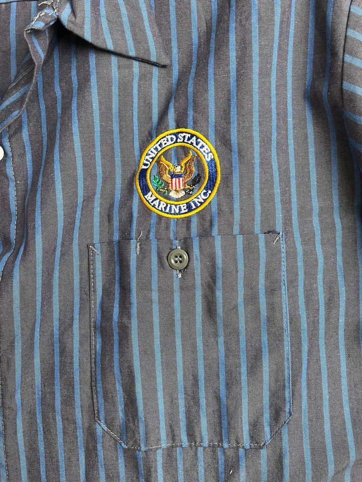 Vintage Red Kap Work Shirt USA Flag Marine Patch XL Blue Stripe Y2K Uniform - Image 2 of 4