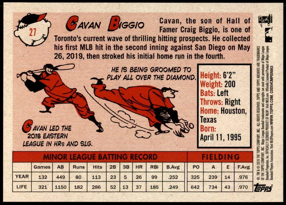 Cavan Biggio 2019 Topps Archives 5x7 Gold #27 RC 4/10 Blue Jays - Image 2 of 2