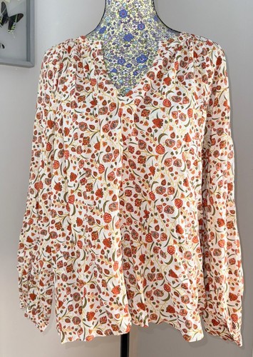 Old Navy Women's L Boho Ivory & Orange Floral Long Sleeve Split V Neck Tunic Top