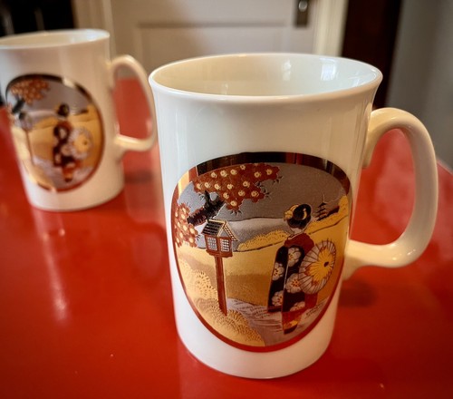 Japanese Porcelain Coffee •Tea Mug • Geisha Girl • Birdhouse • Cherry Blossom X2 - Picture 4 of 12