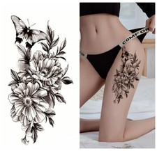 Peony Flower Butterfly Hand Drawn Body Tattoos Floral Arm Temporary Tattoo