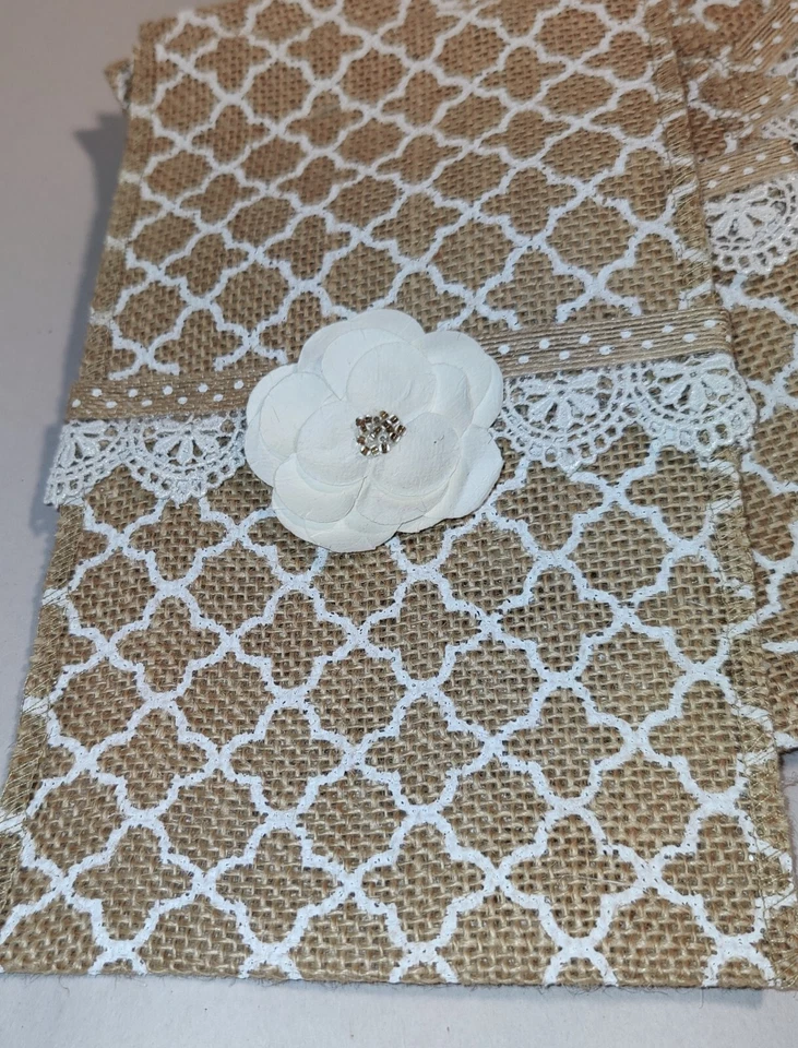 Utensil Pocket Set 8 Pieces Burlap White Quatrefoil Design Flower Embellishment - Image 2 of 4