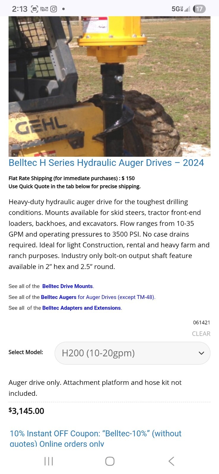 Belltek H200 Hydraulic Auger Kit
