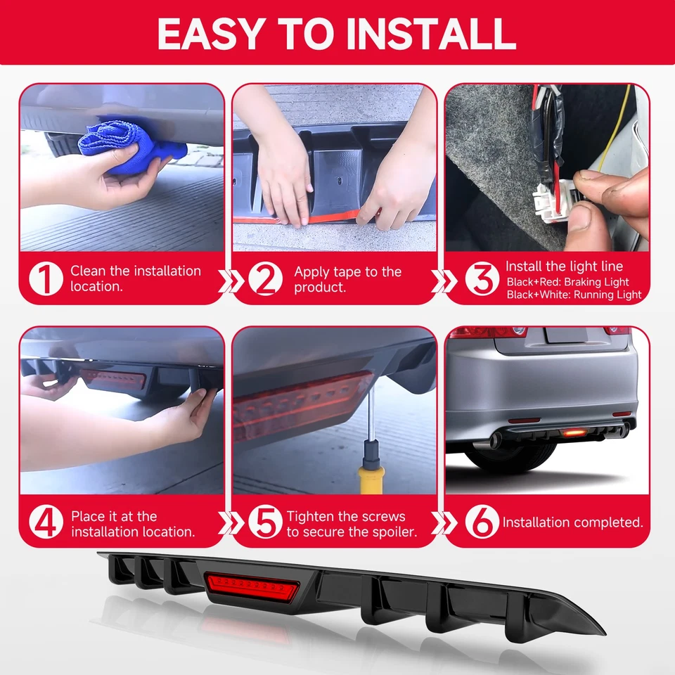 Difusor de parachoques trasero negro brillante para Chrysler 300C SRT8 labio de 6 aletas con luces LED - Imagen 3 de 4