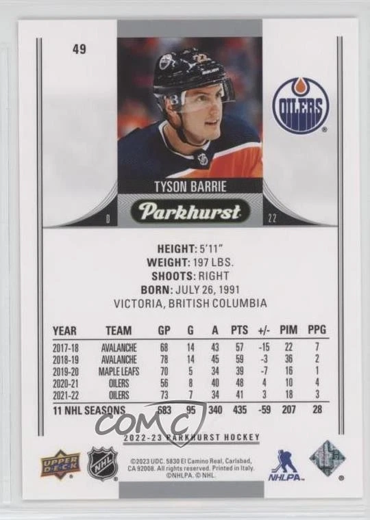 2022-23 Upper Deck Parkhurst Gold Foil Tyson Barrie #49 - Image 2 of 2