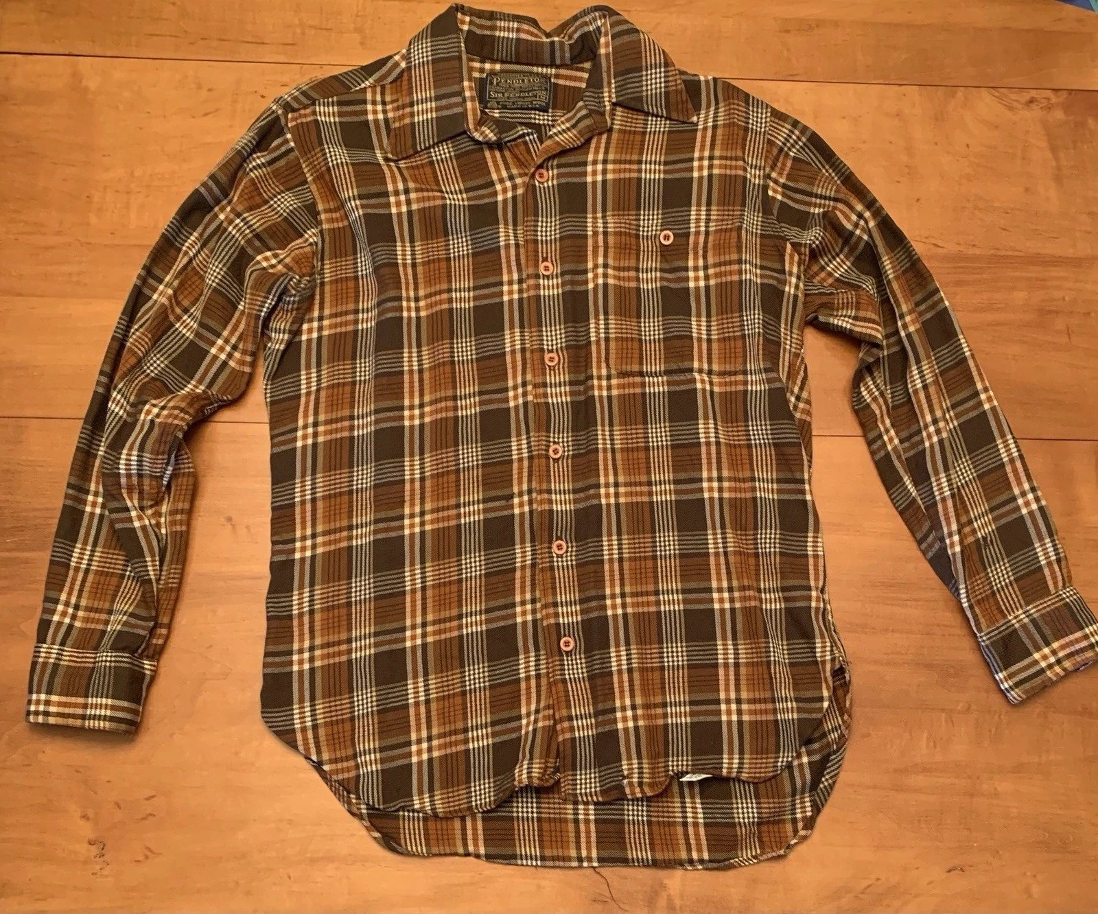 Sir Pendleton VTG Med Wool Plaid Long Brown & Orange Made In US Small Flaw READ
