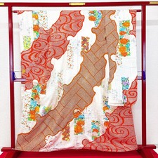 Japanese Kimono 'FURISODE' Silk/Orange/Flower/Shibori/History/Length:163cm N876