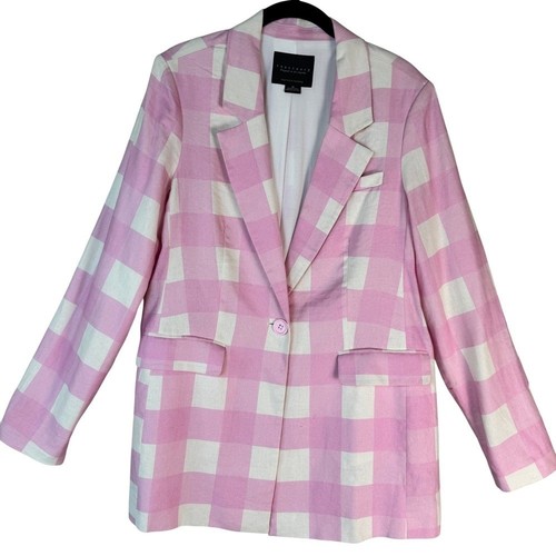 Sanctuary Pink Gingham Blazer Linen Blend Preppy Cottagcore Spring Jacket