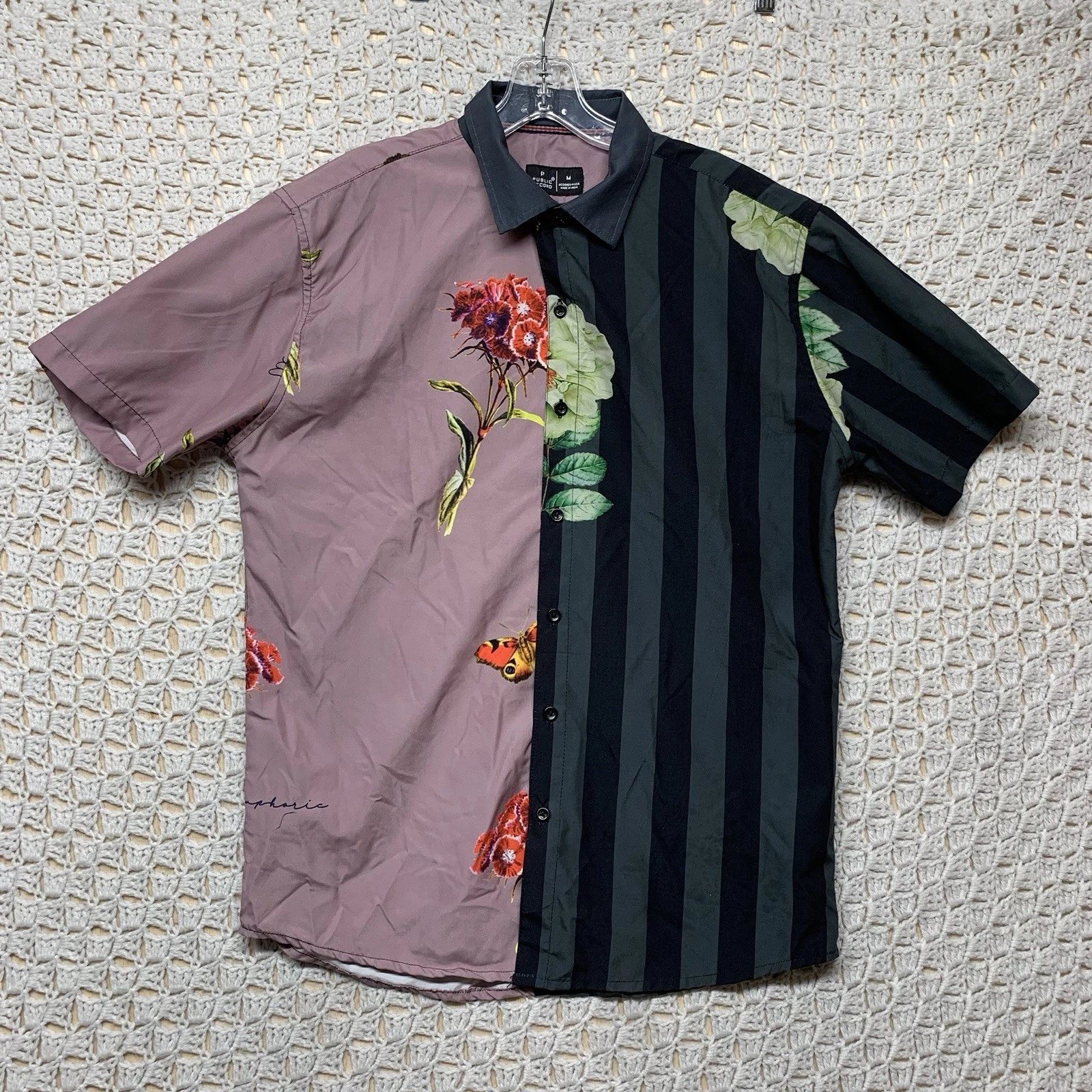 Public Record Shirt Mens M Stripped Floral Hawaiian Button Up Short Sleeve